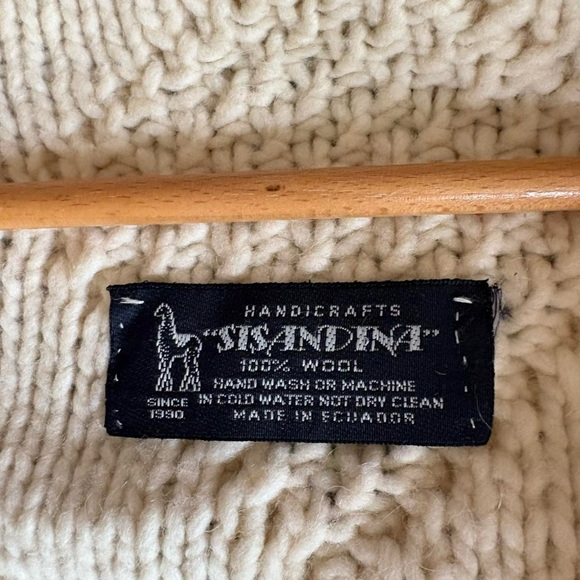 Vintage cream Sisandina wool chunky cable knit full zip hoodie cardigan sweater - Picture 5 of 5